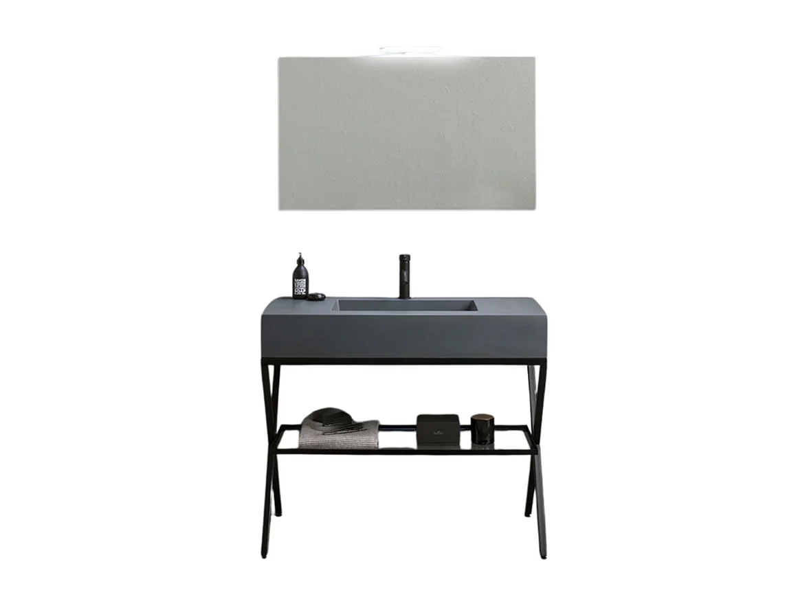 Móvel de casa de banho moderno de chão "Petra" cinzento com espelho, lavatório e prateleira de vidro de 100 cm