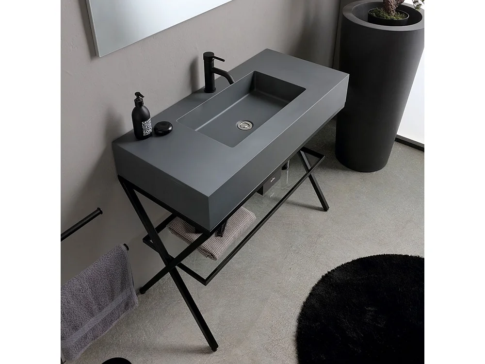 Móvel de casa de banho moderno de chão "Petra" cinzento com espelho, lavatório e prateleira de vidro de 100 cm