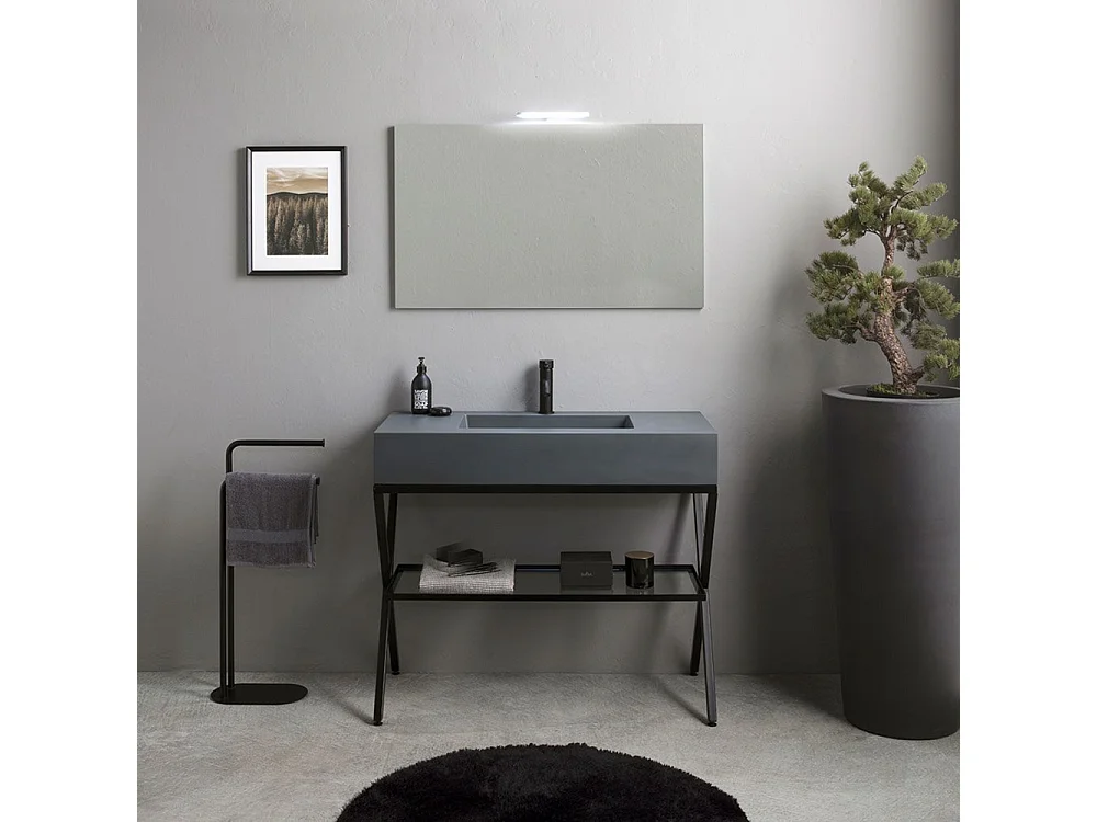 Móvel de casa de banho moderno de chão "Petra" cinzento com espelho, lavatório e prateleira de vidro de 100 cm