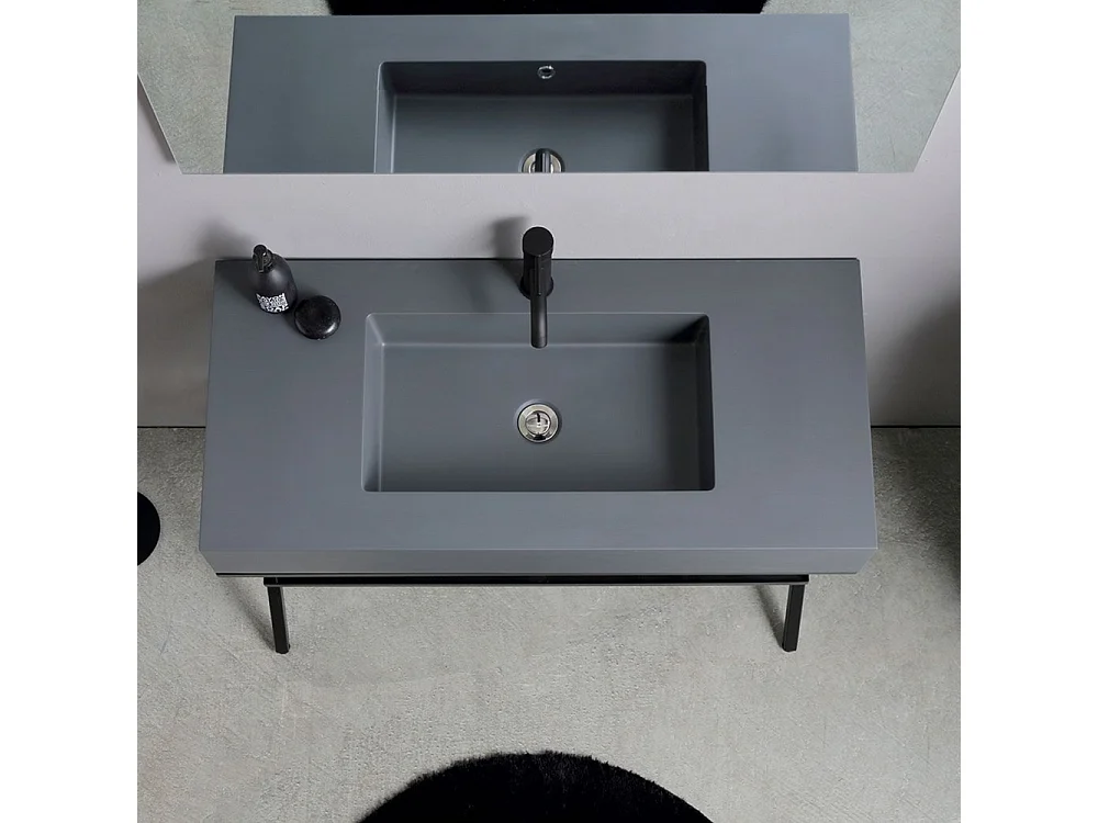 Móvel de casa de banho moderno de chão "Petra" cinzento com espelho, lavatório e prateleira de vidro de 100 cm