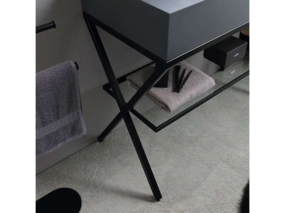 Móvel de casa de banho moderno de chão "Petra" cinzento com espelho, lavatório e prateleira de vidro de 100 cm