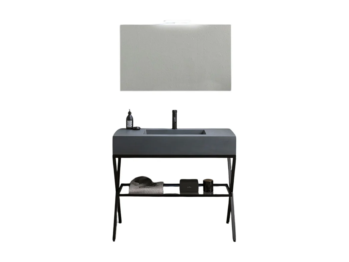 Mobile bagno a terra grigio "Petra" moderno con specchio, lavabo e mensola in vetro 100 cm