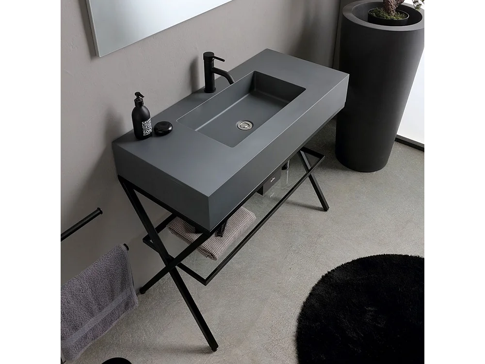 Mobile bagno a terra grigio "Petra" moderno con specchio, lavabo e mensola in vetro 100 cm