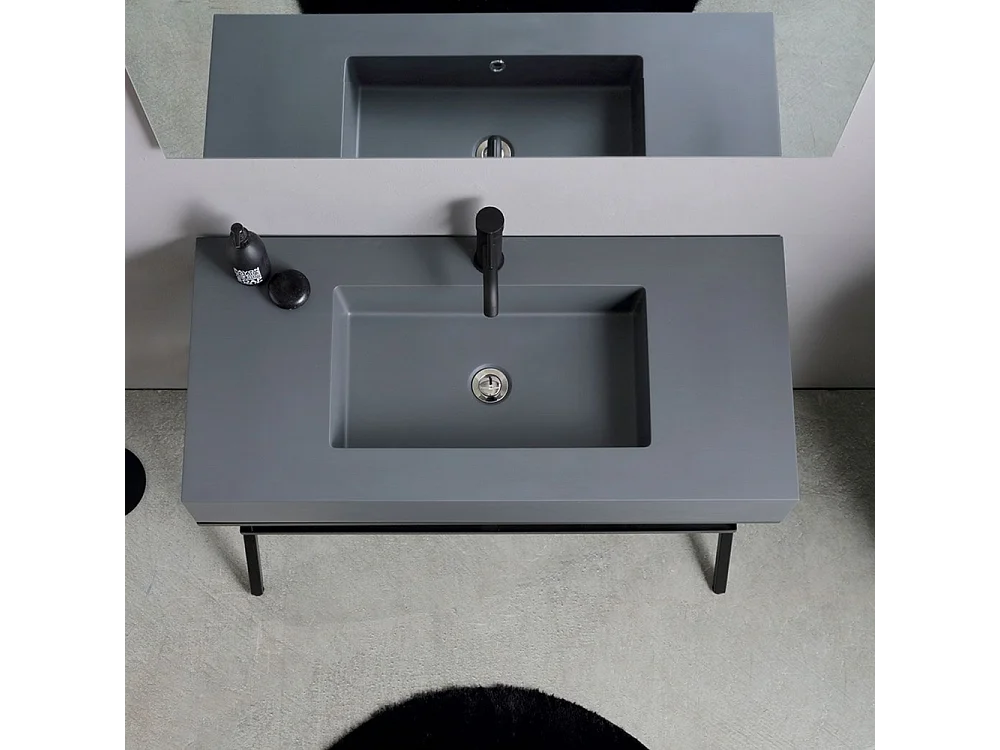 Mobile bagno a terra grigio "Petra" moderno con specchio, lavabo e mensola in vetro 100 cm