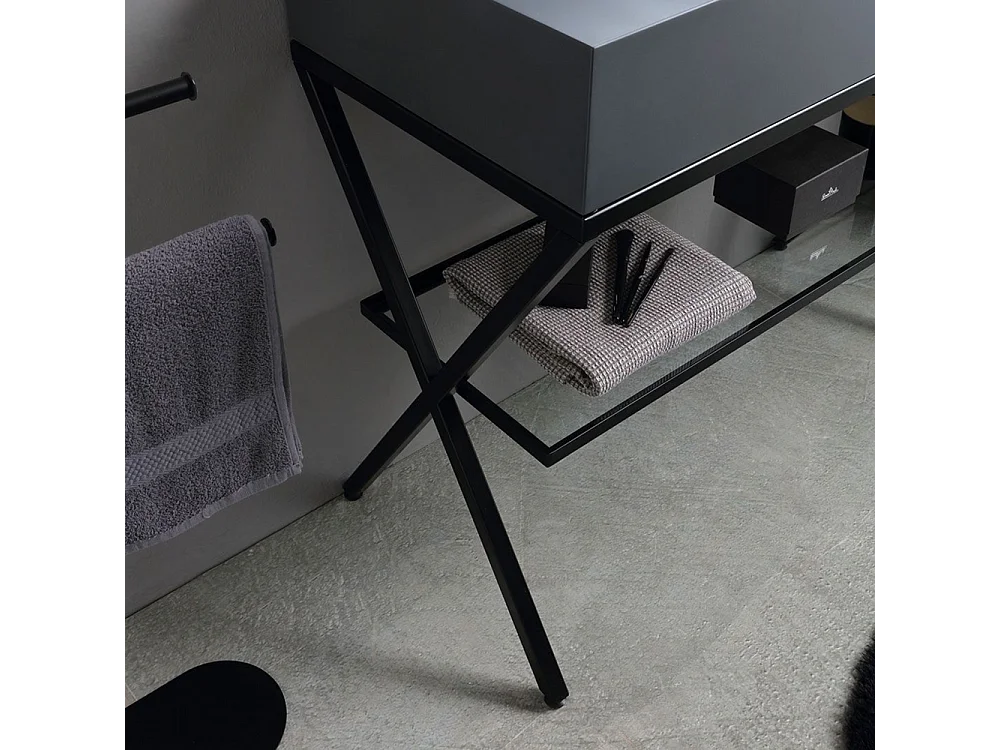 Mobile bagno a terra grigio "Petra" moderno con specchio, lavabo e mensola in vetro 100 cm