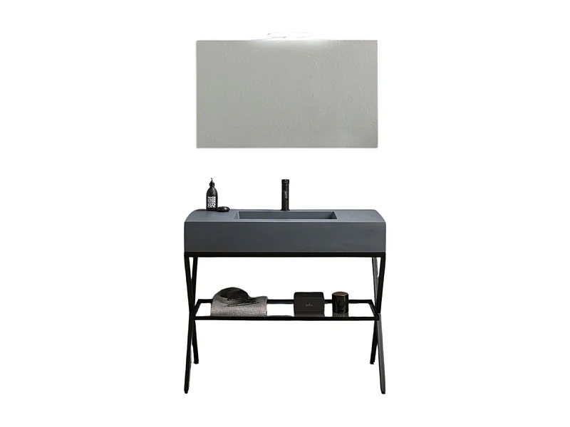 Mobile bagno a terra grigio "Petra" moderno con specchio, lavabo e mensola in vetro 100 cm