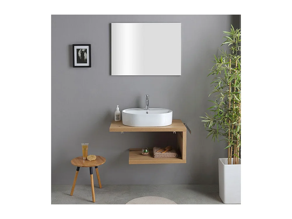 Meuble de salle de bain suspendu "Cipro" 80 cm en chêne naturel avec vasque ovale en céramique blanche et miroir