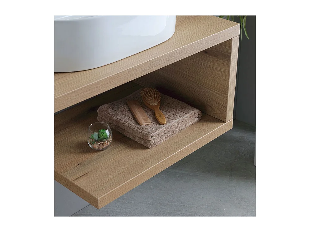 Meuble de salle de bain suspendu "Cipro" 80 cm en chêne naturel avec vasque ovale en céramique blanche et miroir