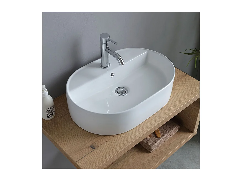 Meuble de salle de bain suspendu "Cipro" 80 cm en chêne naturel avec vasque ovale en céramique blanche et miroir