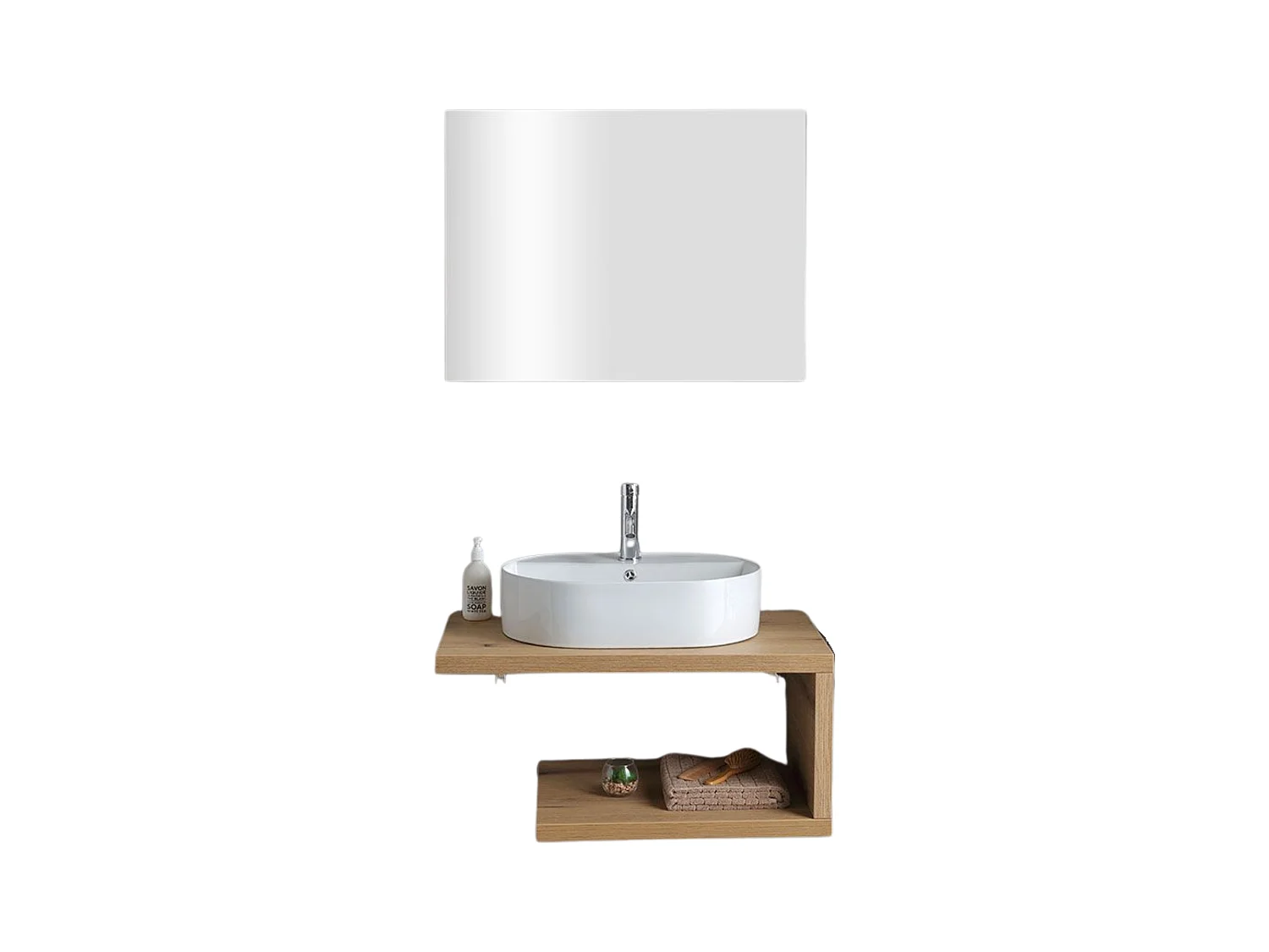 Szafka łazienkowa wisząca "Cipro" 80 cm z naturalnego dębu z białą owalną ceramiczną umywalką i lustrem