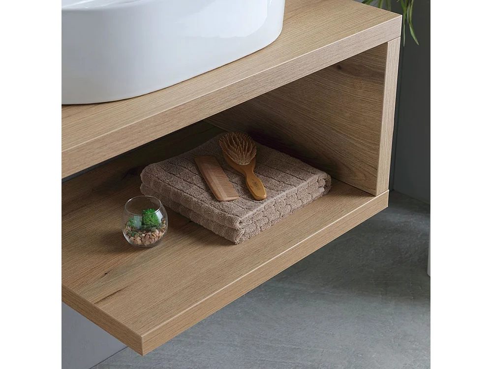 "Cipro" 80 cm hängender Badezimmerschrank aus natürlicher Eiche mit weißem ovalem Keramikwaschbecken und Spiegel