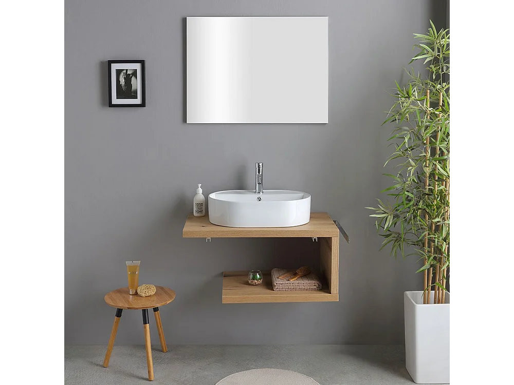 Mobile da bagno "Cipro" 80 cm sospeso in rovere naturale con lavabo in ceramica ovale bianco e specchio