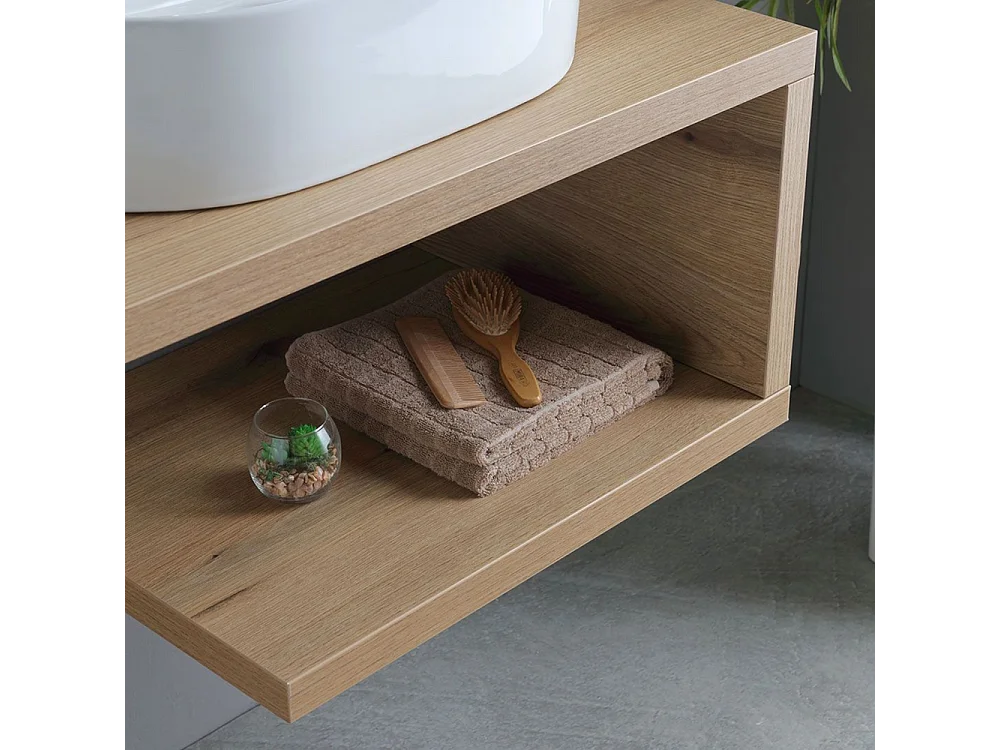 Mobile da bagno "Cipro" 80 cm sospeso in rovere naturale con lavabo in ceramica ovale bianco e specchio