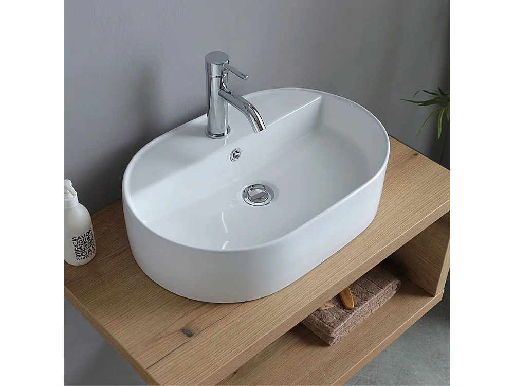Mobile da bagno "Cipro" 80 cm sospeso in rovere naturale con lavabo in ceramica ovale bianco e specchio