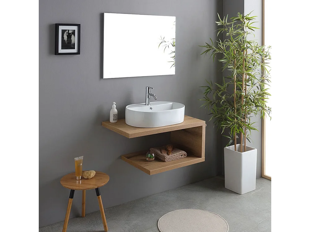 Mobile da bagno "Cipro" 80 cm sospeso in rovere naturale con lavabo in ceramica ovale bianco e specchio