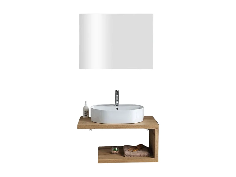 Szafka łazienkowa wisząca "Cipro" 80 cm z naturalnego dębu z białą owalną ceramiczną umywalką i lustrem