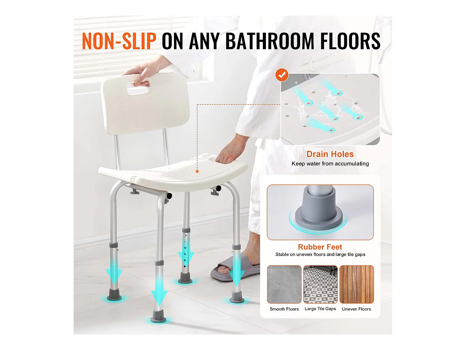 Siège de Douche SucceBuy avec Dossier, Banc de Bain à Hauteur Réglable pour Baignoire, 158,8 kg