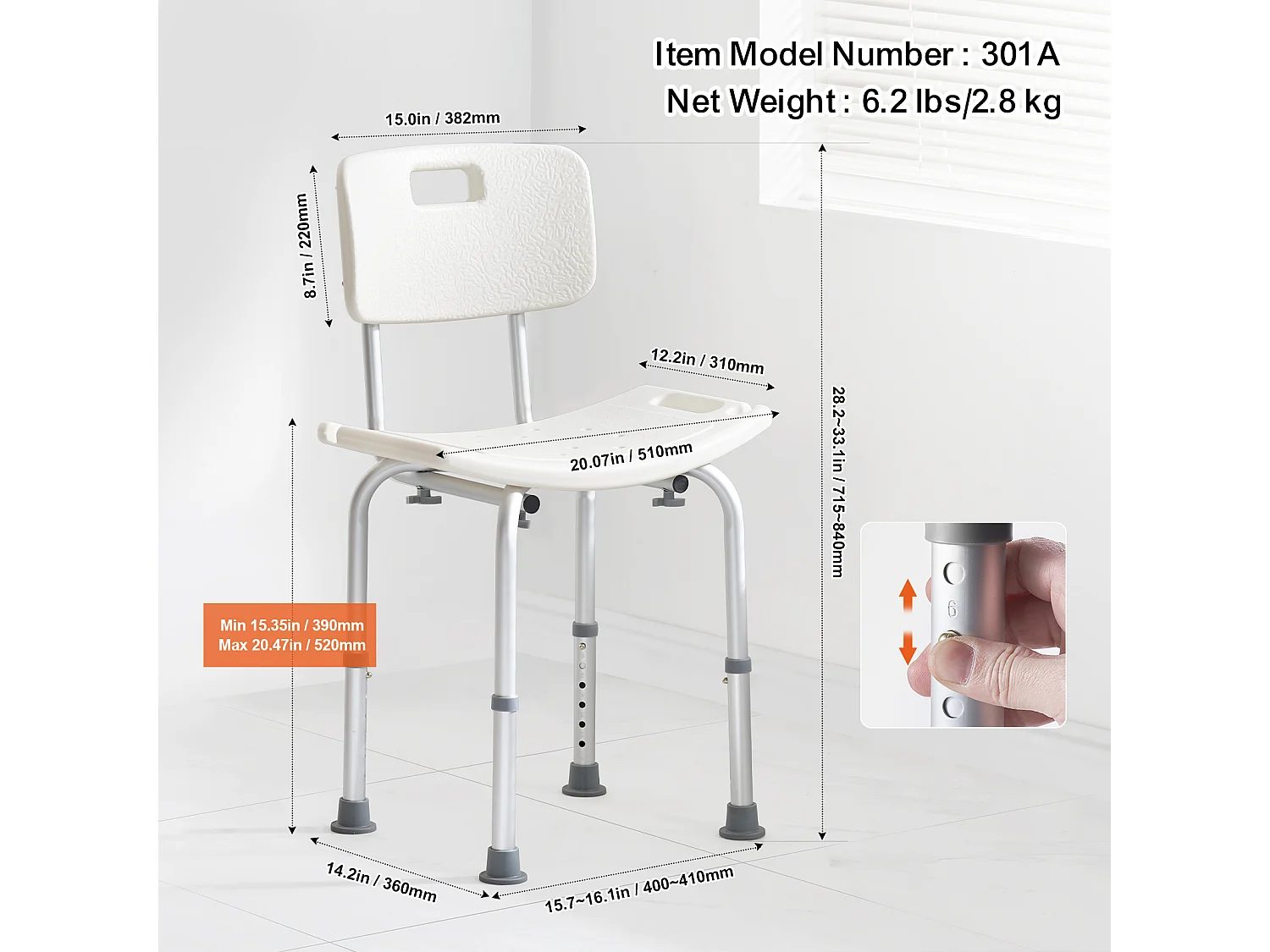 Siège de Douche SucceBuy avec Dossier, Banc de Bain à Hauteur Réglable pour Baignoire, 158,8 kg