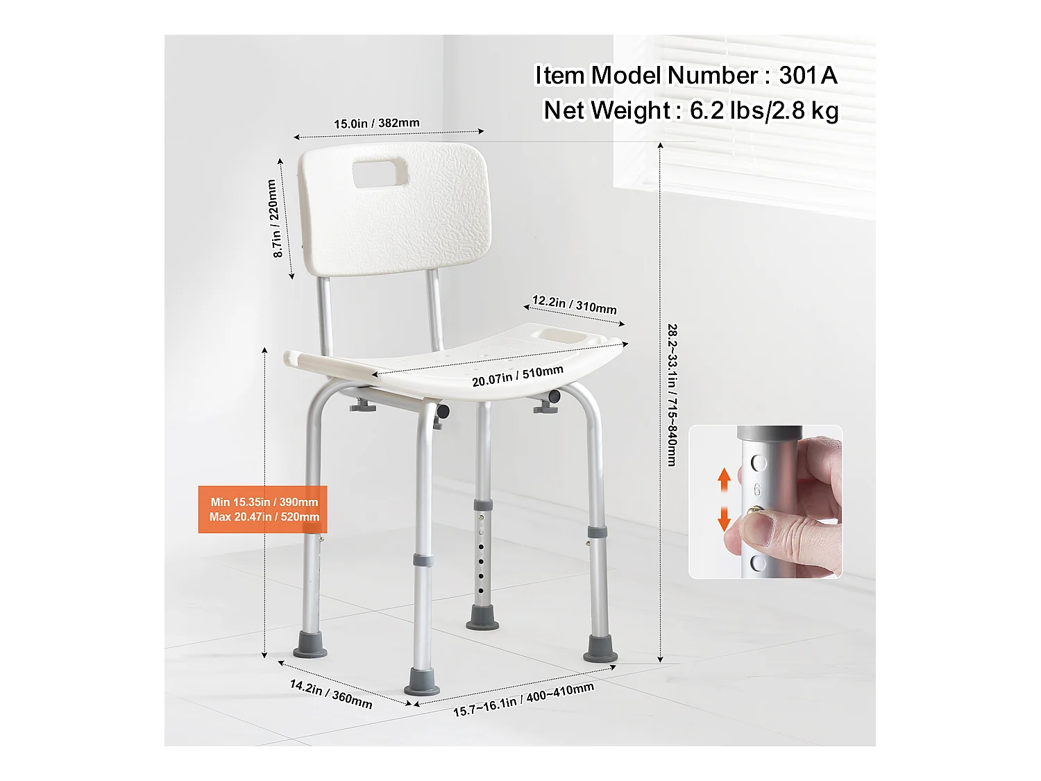 Sedile da Doccia SucceBuy con Schienale, Panca da Bagno Regolabile in Altezza per Vasca da Bagno, 158,8 kg