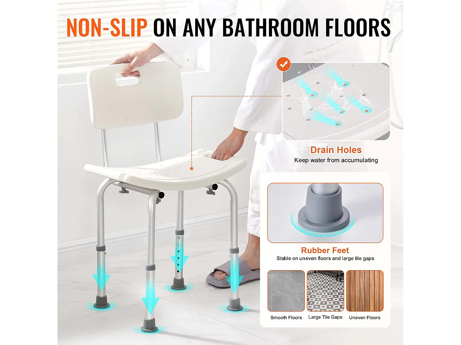 Siège de Douche SucceBuy avec Dossier, Banc de Bain à Hauteur Réglable pour Baignoire, 158,8 kg