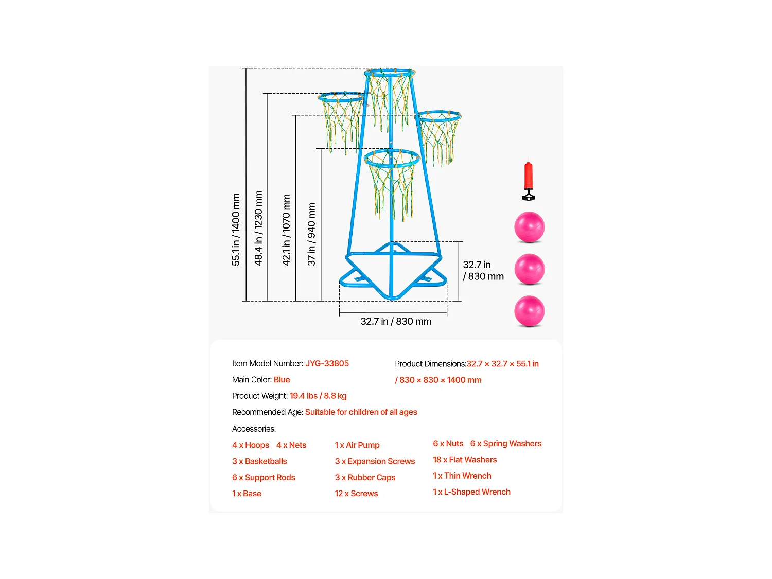 Panier de Basket-ball SucceBuy Panier de Basket-ball pour Enfants, Support Portable à 4 Cerceaux avec Hauteurs Réglables