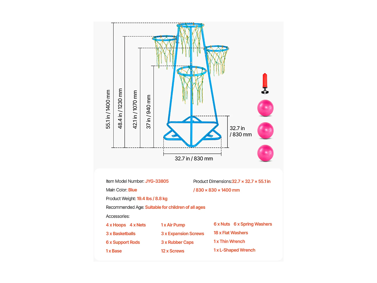 Panier de Basket-ball SucceBuy Panier de Basket-ball pour Enfants, Support Portable à 4 Cerceaux avec Hauteurs Réglables