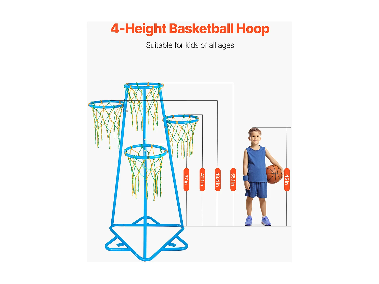 Panier de Basket-ball SucceBuy Panier de Basket-ball pour Enfants, Support Portable à 4 Cerceaux avec Hauteurs Réglables