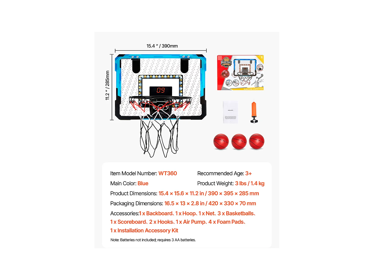 Panier de Basket-ball SucceBuy Panier de Basket pour Enfants avec Lumières LED et Tableau d'Affichage Audio, Usage Intérieur