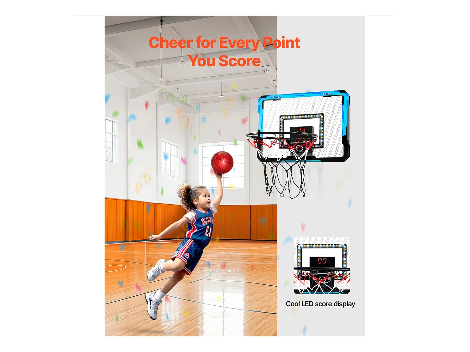 Panier de Basket-ball SucceBuy Panier de Basket pour Enfants avec Lumières LED et Tableau d'Affichage Audio, Usage Intérieur