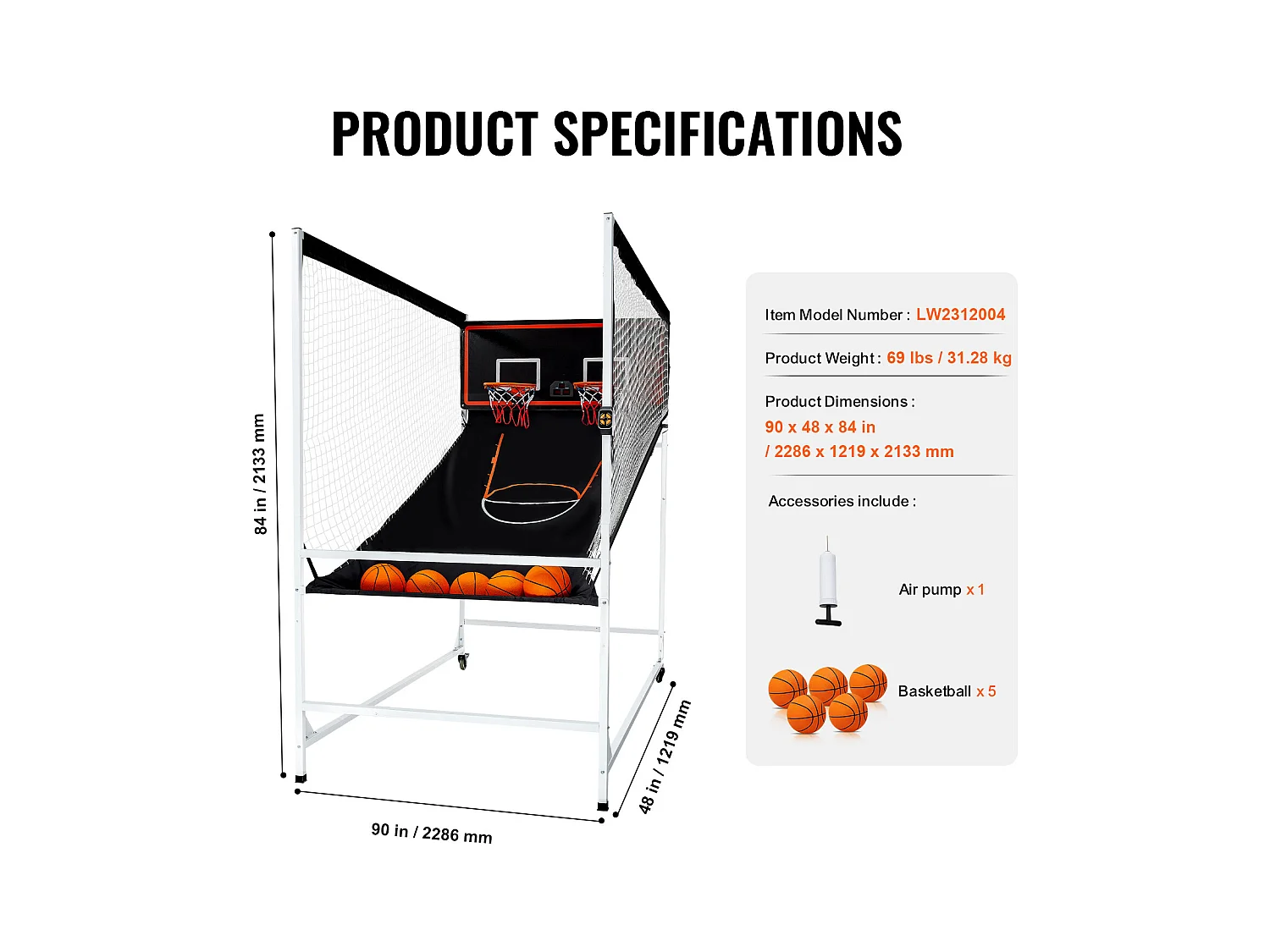 Panier de Basketball SucceBuy Jeu d'arcade de Basket-Ball d'intérieur Double Shot pour 2 Joueurs et 5 Balles