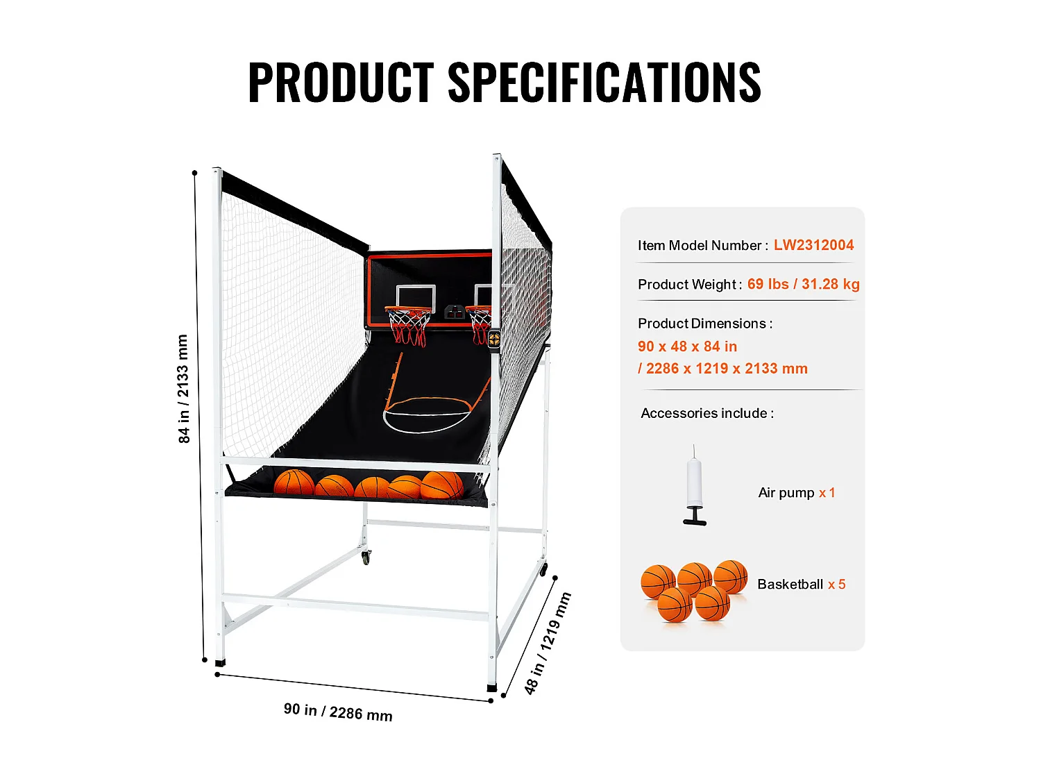 Panier de Basketball SucceBuy Jeu d'arcade de Basket-Ball d'intérieur Double Shot pour 2 Joueurs et 5 Balles