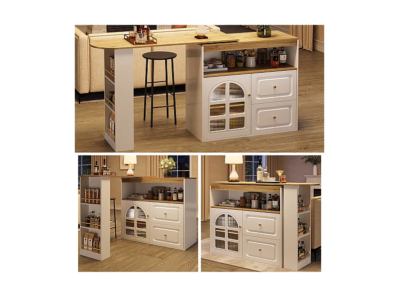 Drehbarer Barschrank - 204 x 39 x 104 cm - mit 2 Schubladen + 1 Tür + 3 Snack-Regalen - MDF - weiß