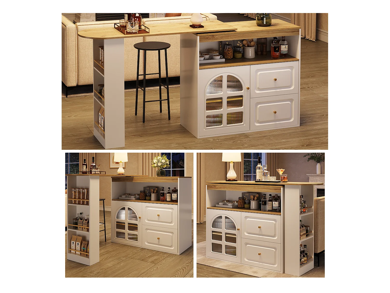Meuble de bar rotatif - 204 x 39 x 104 cm - avec 2 tirois + 1 portes + 3 étagère à collation - MDF - blanc