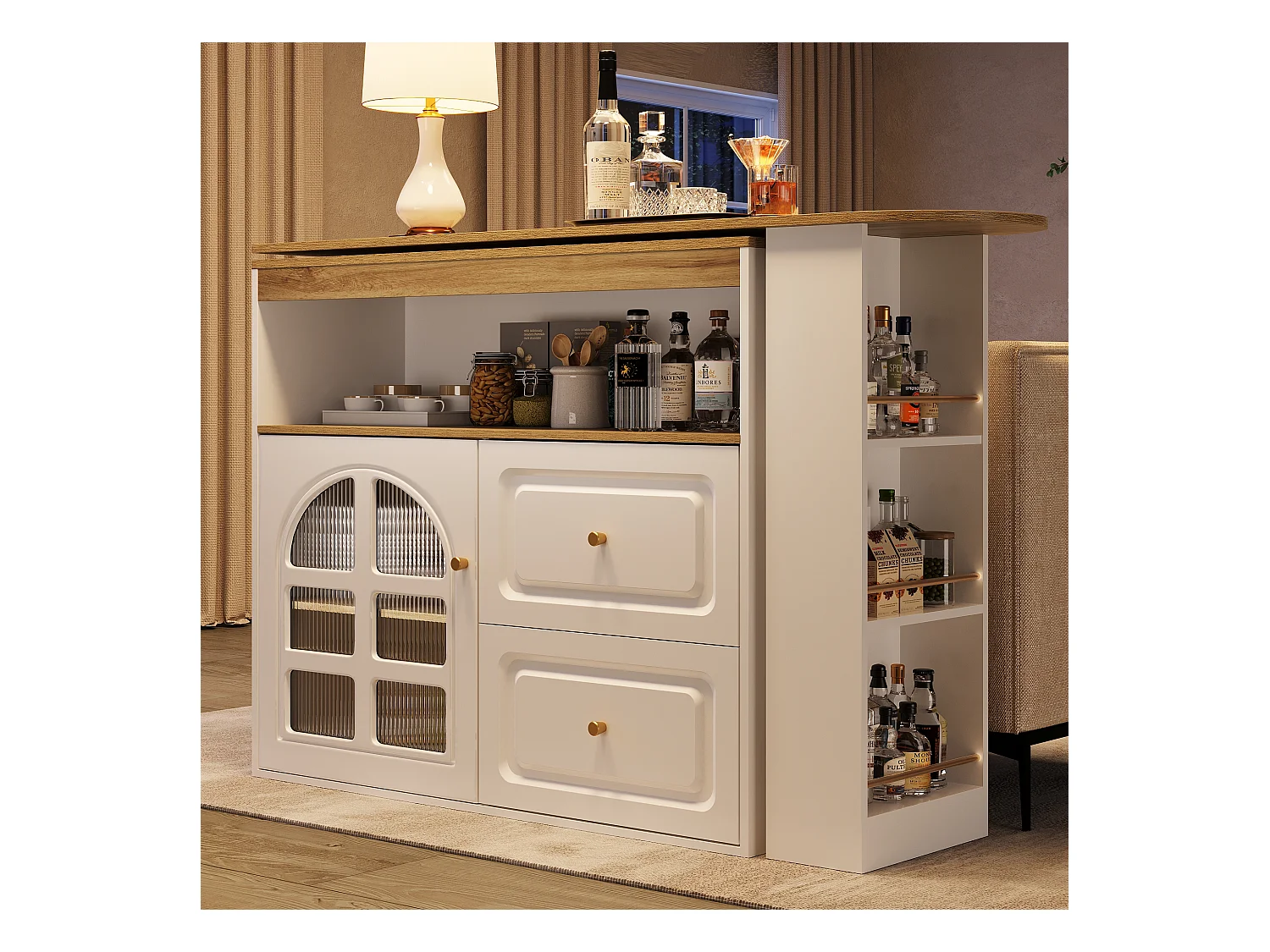 Meuble de bar rotatif - 204 x 39 x 104 cm - avec 2 tirois + 1 portes + 3 étagère à collation - MDF - blanc
