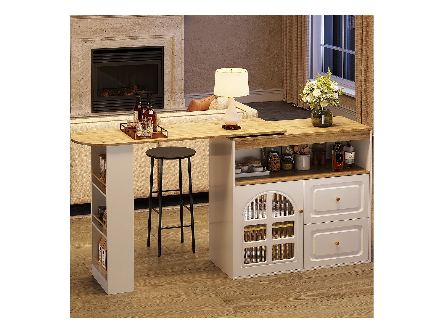 Meuble de bar rotatif - 204 x 39 x 104 cm - avec 2 tirois + 1 portes + 3 étagère à collation - MDF - blanc