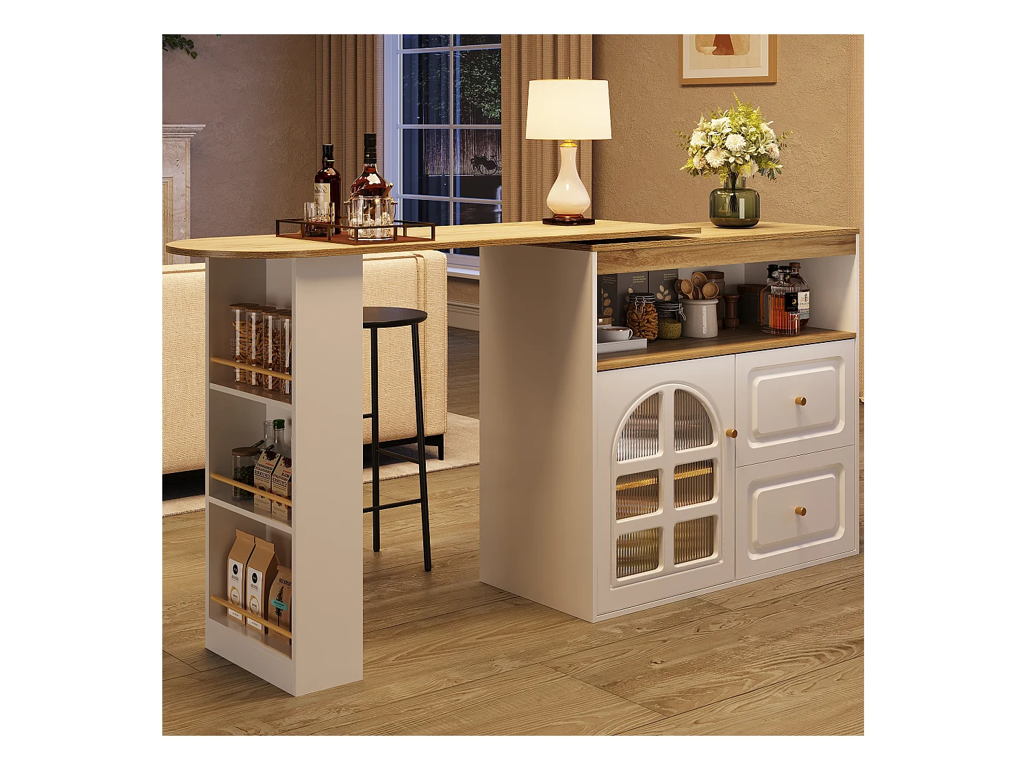 Meuble de bar rotatif - 204 x 39 x 104 cm - avec 2 tirois + 1 portes + 3 étagère à collation - MDF - blanc