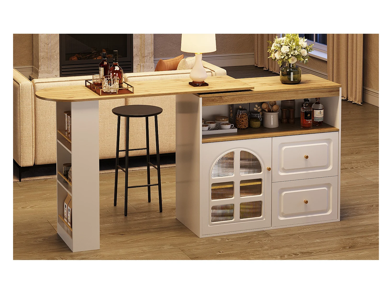 Meuble de bar rotatif - 204 x 39 x 104 cm - avec 2 tirois + 1 portes + 3 étagère à collation - MDF - blanc