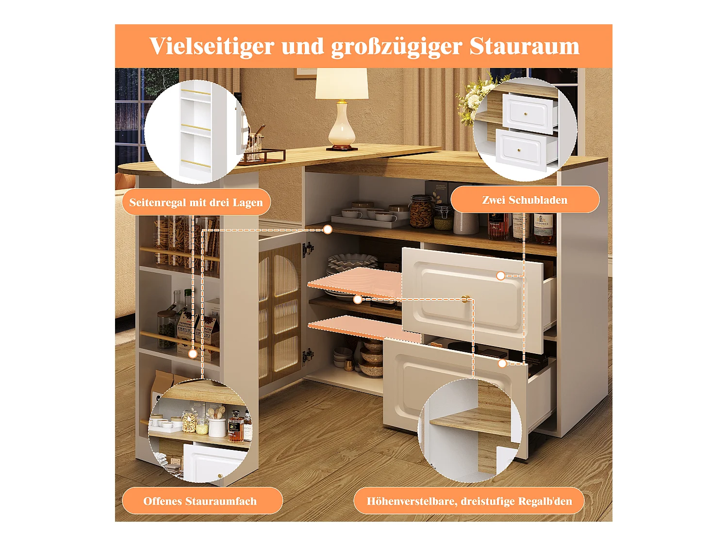 Meuble de bar rotatif - 204 x 39 x 104 cm - avec 2 tirois + 1 portes + 3 étagère à collation - MDF - blanc