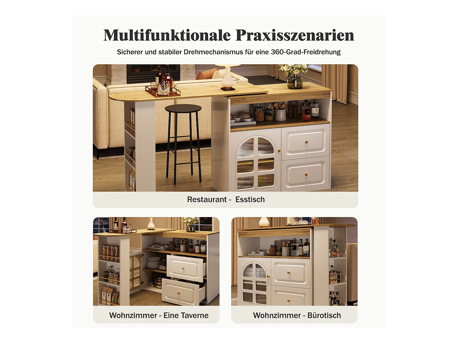 Meuble de bar rotatif - 204 x 39 x 104 cm - avec 2 tirois + 1 portes + 3 étagère à collation - MDF - blanc