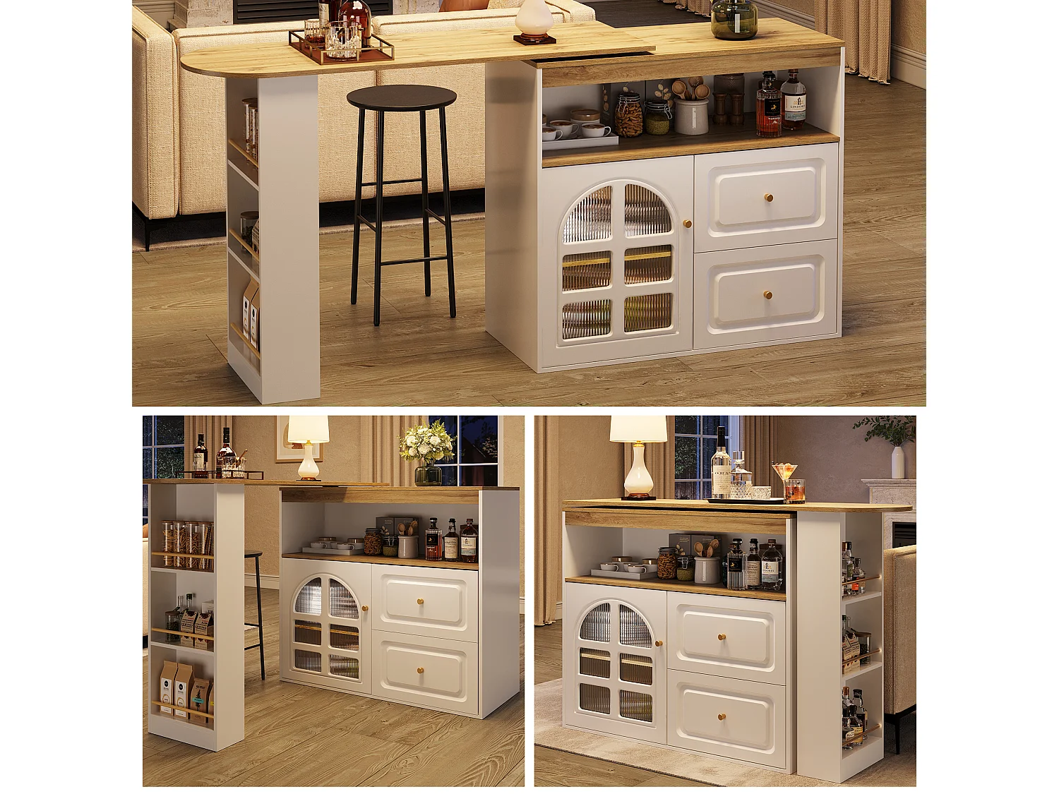 Meuble de bar rotatif - 204 x 39 x 104 cm - avec 2 tirois + 1 portes + 3 étagère à collation - MDF - blanc