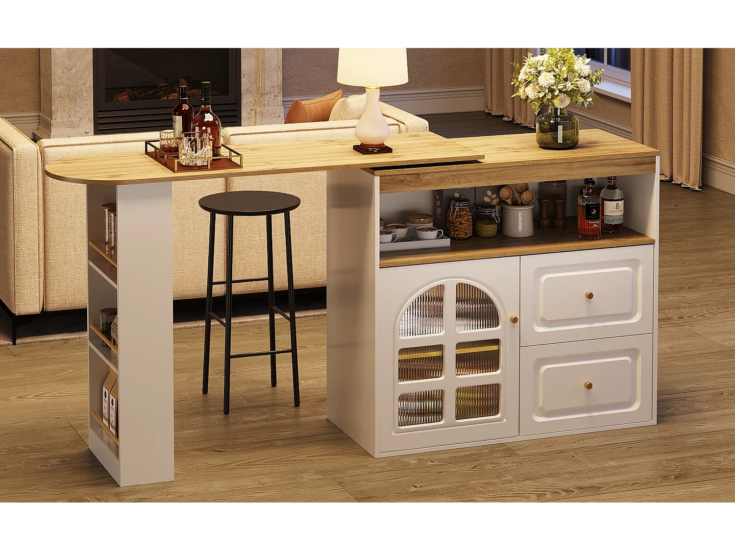 Meuble de bar rotatif - 204 x 39 x 104 cm - avec 2 tirois + 1 portes + 3 étagère à collation - MDF - blanc