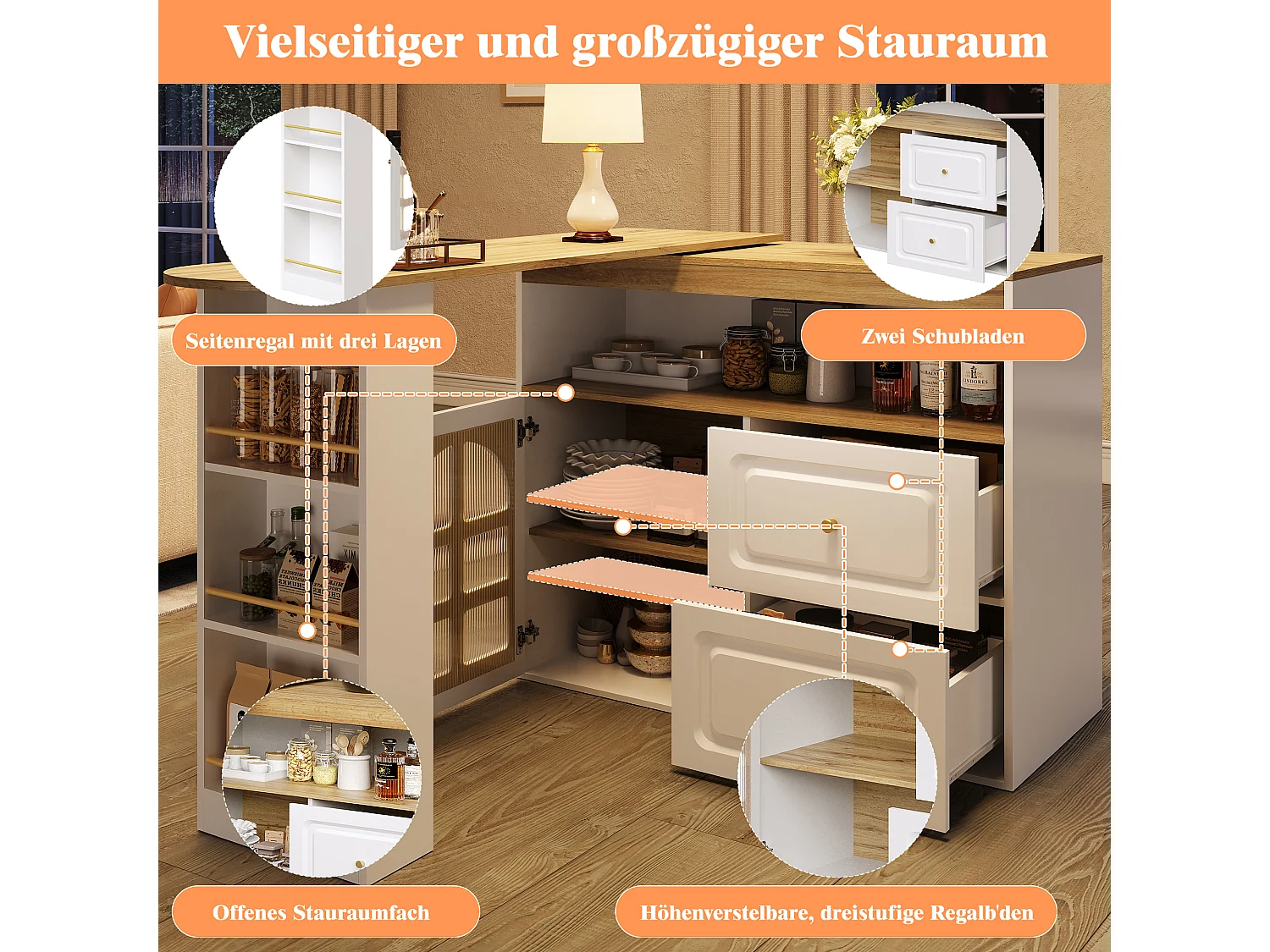 Meuble de bar rotatif - 204 x 39 x 104 cm - avec 2 tirois + 1 portes + 3 étagère à collation - MDF - blanc