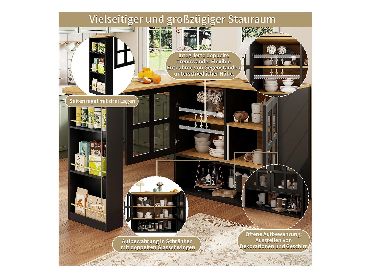 Meuble de bar rotatif - 204 x 39 x 102. 5 cm - avec 4 rangements + 2 portes - MDF - noir