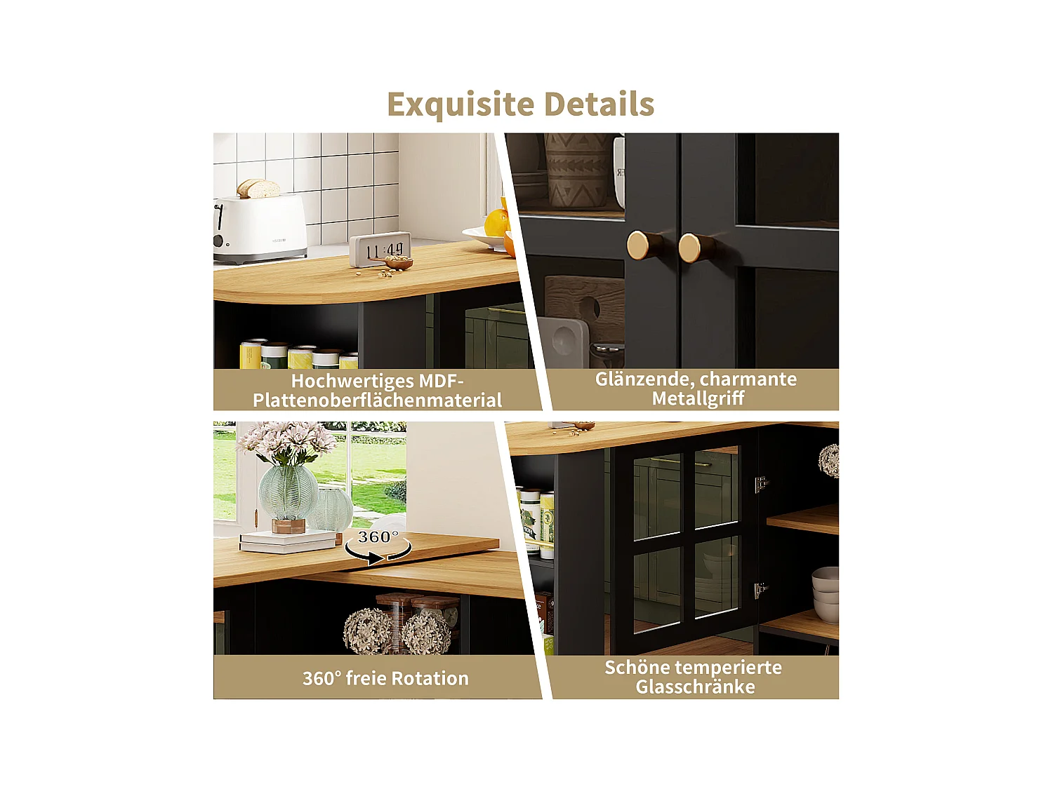 Meuble de bar rotatif - 204 x 39 x 102. 5 cm - avec 4 rangements + 2 portes - MDF - noir