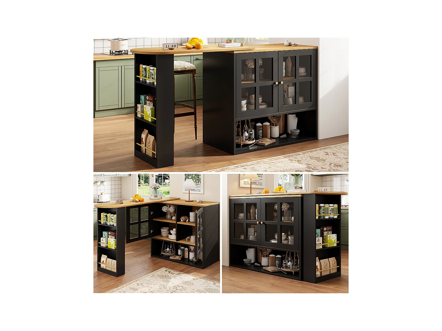 Meuble de bar rotatif - 204 x 39 x 102. 5 cm - avec 4 rangements + 2 portes - MDF - noir