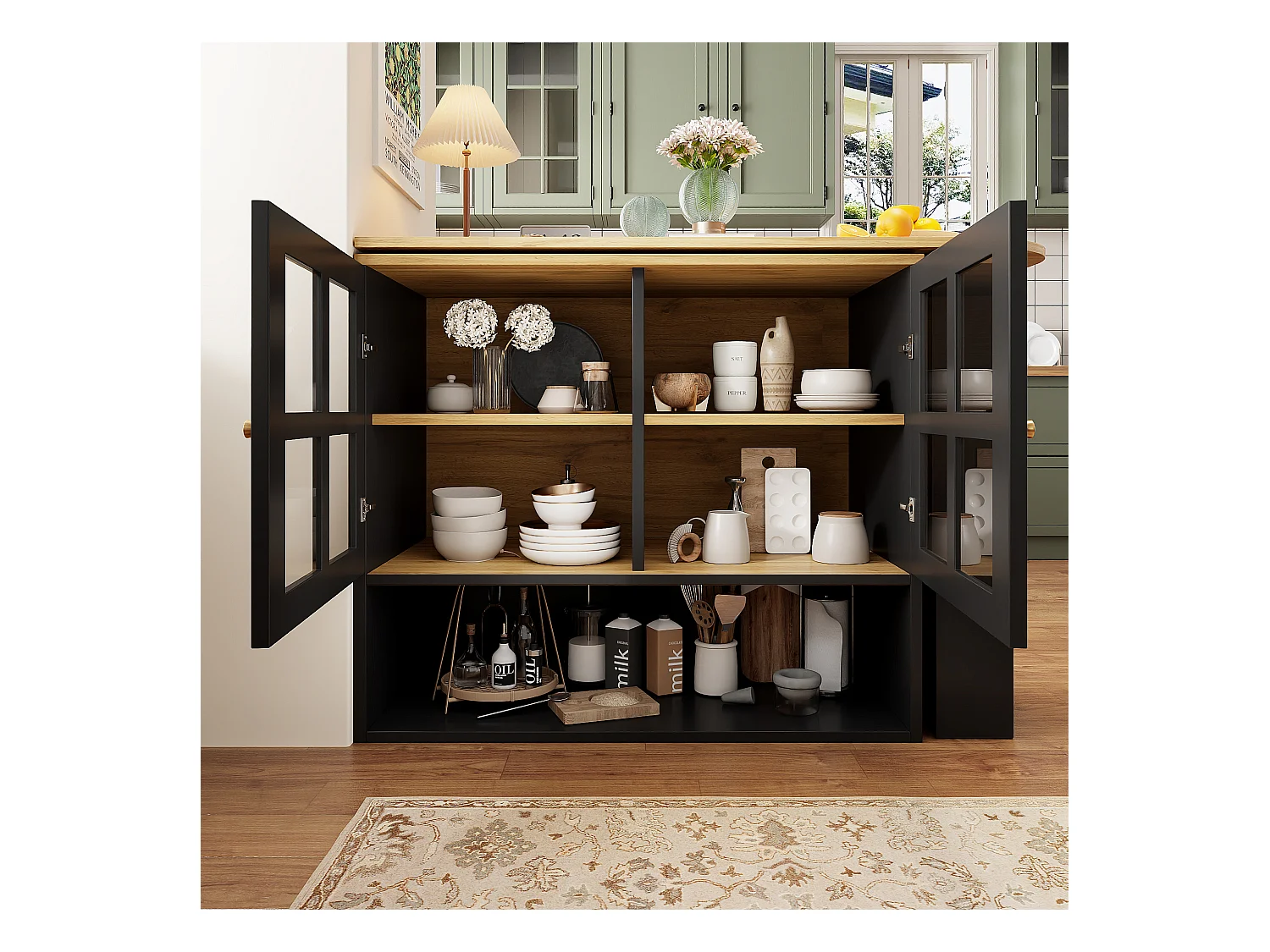 Meuble de bar rotatif - 204 x 39 x 102. 5 cm - avec 4 rangements + 2 portes - MDF - noir