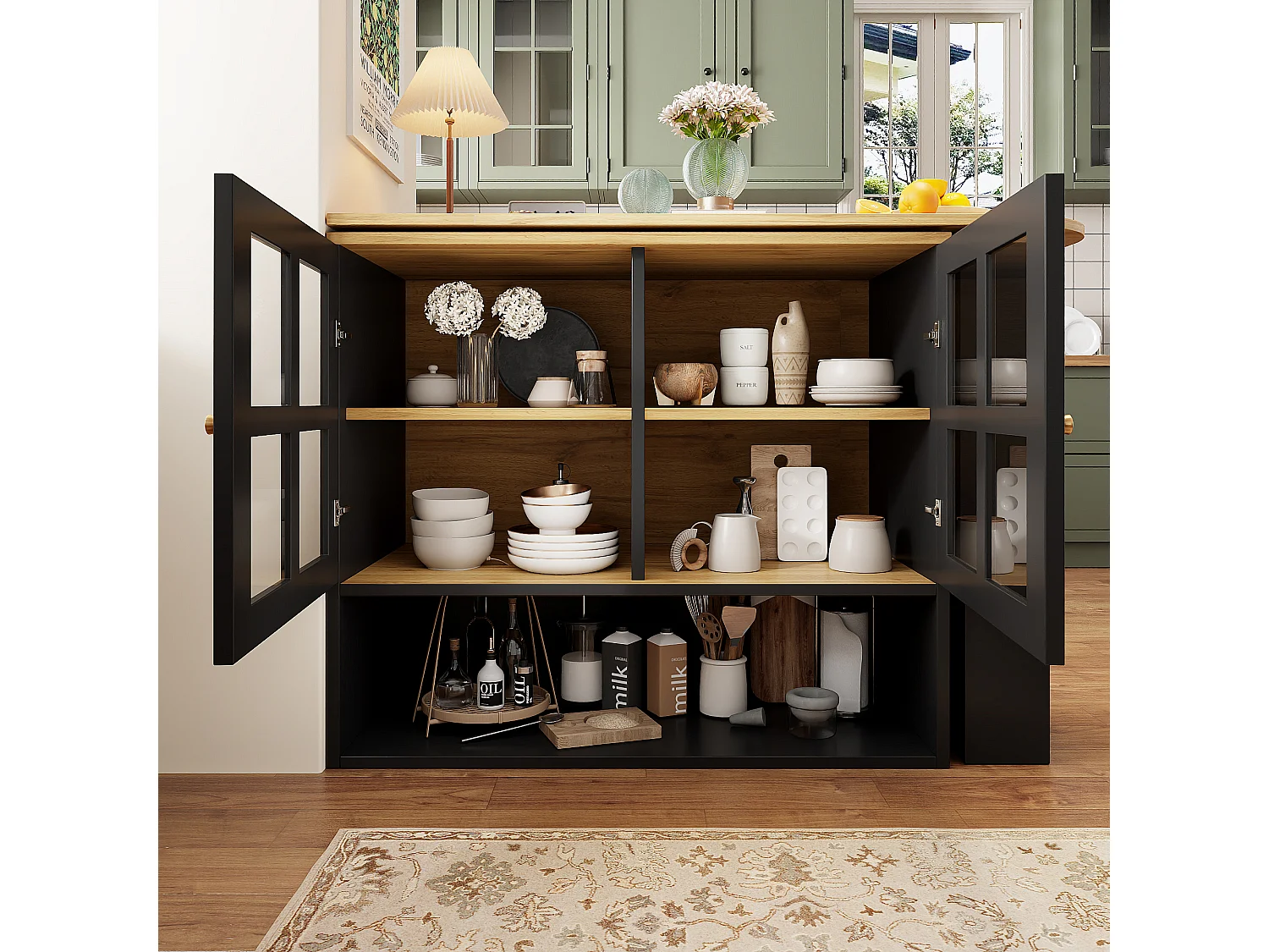 Meuble de bar rotatif - 204 x 39 x 102. 5 cm - avec 4 rangements + 2 portes - MDF - noir