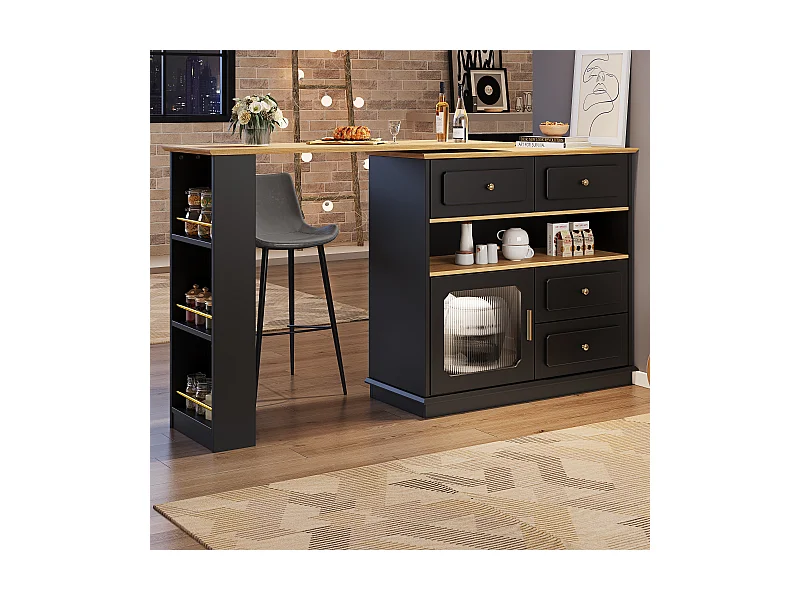 Rozkładana szafka z obrotowym barem - 181 x 39 x 104,5 cm - z półkami + 1 drzwi szklane + 4 szuflady - MDF - czarna.