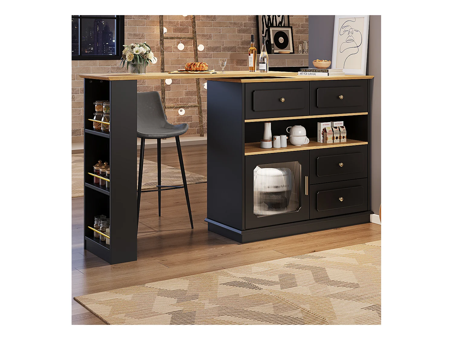 Meuble de bar rotatif extensible - 181 x 39 x 104.5 - avec étagères + 1 porte verre + 4 tiroirs - MDF - noir.