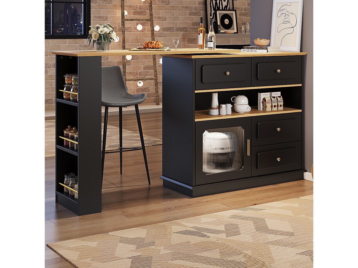Mueble bar giratorio extensible - 181 x 39 x 104,5 cm - Con estantes ...